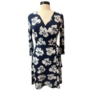 Ava Wrap 3/4 Sleeve Floral Navy Blue Dress Size S 90s Cottagecore Old Money Boho
